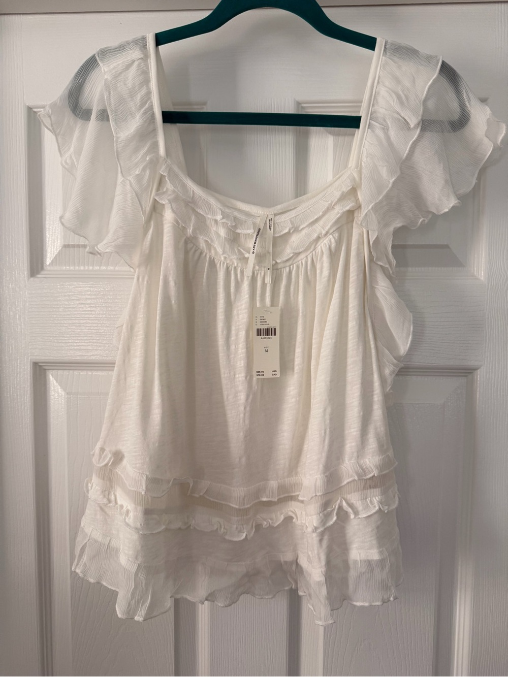 Anthropology Women’s White Ruffle Sleeve Top - Lightweight Romantic Blouse, M